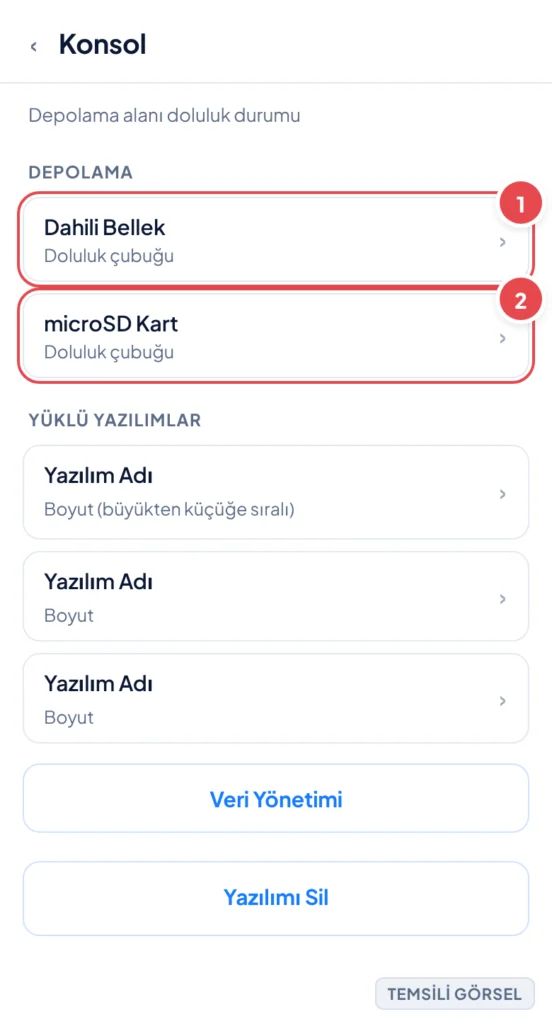 Temsili görsel: Nintendo Switch Sistem Ayarları, Konsol ekranı; dahili bellek ve microSD kart için doluluk çubukları ile yüklü yazılımların boyuta göre sıralı listesi görünüyor; işaretli: 1. Dahili Be