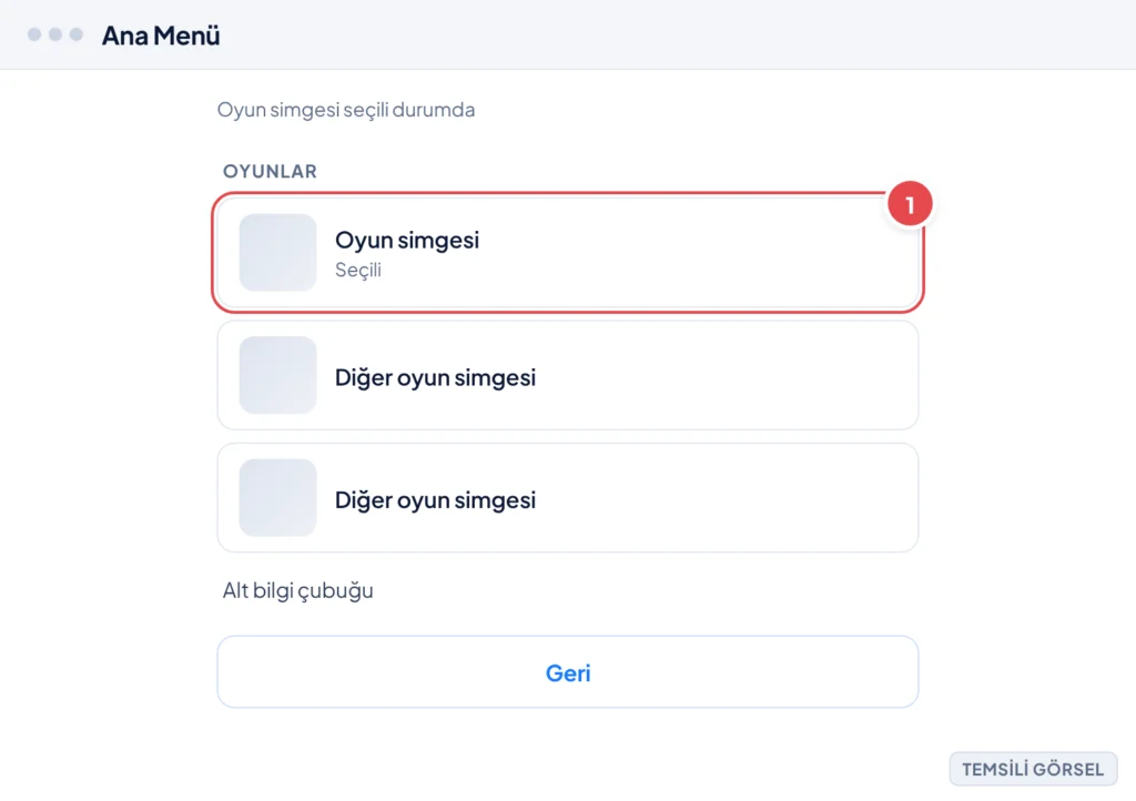 Temsili görsel: Nintendo Switch ana menü ekranı; oyun simgelerinden biri vurgulanmış halde seçili görünüyor, ekranın alt kısmında seçenek tuşu ipucu yer alıyor; işaretli: 1. Seçili oyun simgesi
