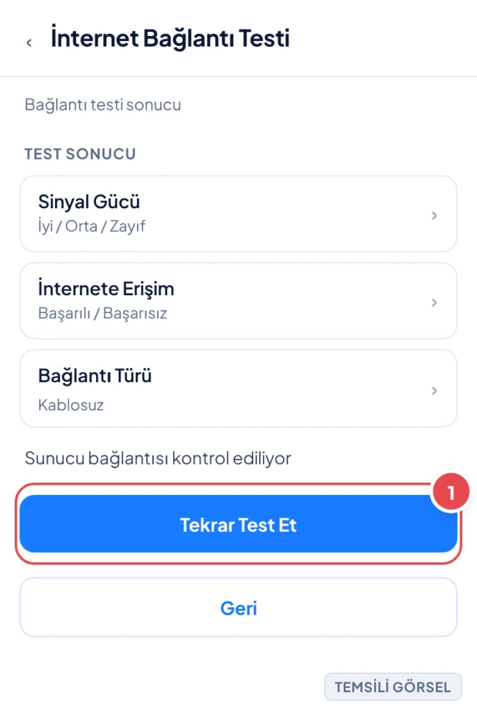 Temsili görsel: Nintendo Switch İnternet Bağlantı Testi sonuç ekranı; sinyal gücü, internete erişim durumu ve bağlantı türü bilgileri ile Tekrar Test Et düğmesi gösteriliyor; işaretli: 1. Tekrar Test