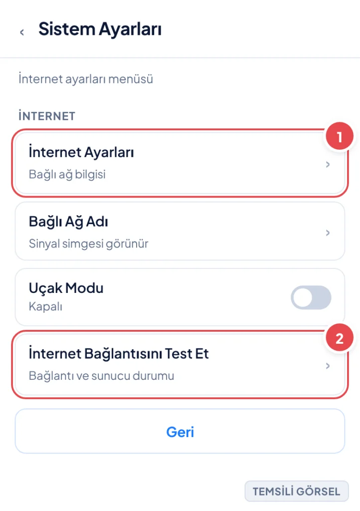 Temsili görsel: Nintendo Switch Sistem Ayarları içinde İnternet bölümü ekranı; bağlı Wi-Fi ağ adı ve sinyal simgesi görünüyor; işaretli: 1. İnternet Ayarları satırı, 2. İnternet Bağlantısını Test Et s