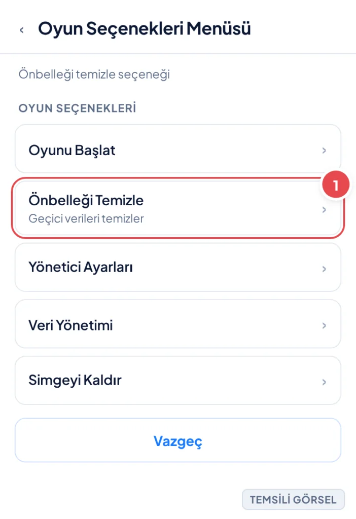 Temsili görsel: Nintendo Switch cihazında Oyun Seçenekleri Menüsü ekranı; menüde Oyunu Başlat, Önbelleği Temizle, Yönetici Ayarları, Veri Yönetimi ve Simgeyi Kaldır seçenekleri listeleniyor; işaretli: