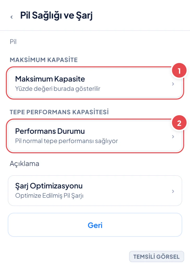 Temsili görsel: Pil Sağlığı ve Şarj ekranı; işaretli: 1. Maksimum Kapasite satırı, 2. Performans Durumu satırı