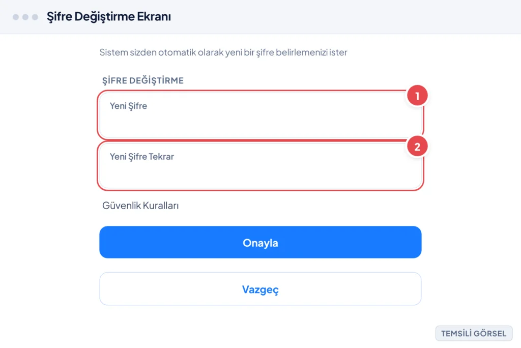 Temsili görsel: e-Devlet şifre değiştirme ekranı; üstte başlık, ortada yeni şifre ve yeni şifre tekrar giriş alanları, altında güvenlik kurallarını açıklayan metin, en altta onayla ve vazgeç düğmeleri
