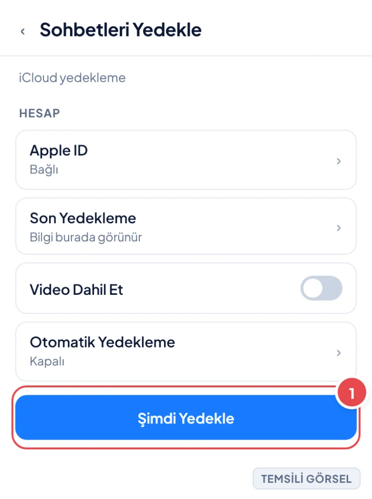 Temsili görsel: iCloud yedekleme ekranı; işaretli: 1. Şimdi Yedekle butonu