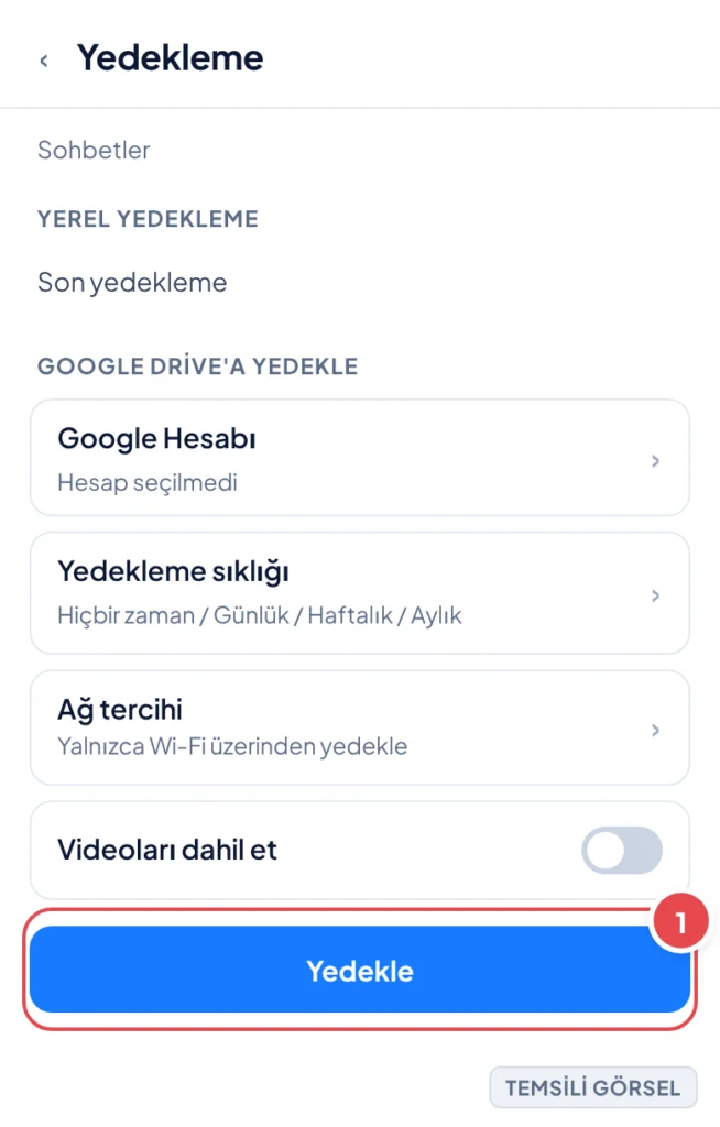 Temsili görsel: Google Drive yedekleme ekranı; işaretli: 1. Google Hesabı satırı, 2. Yedekle butonu