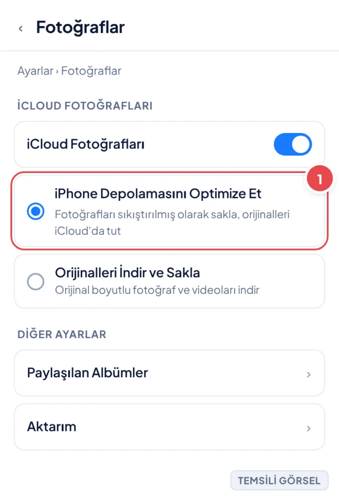 Temsili görsel: Ayarlar uygulamasında Fotoğraflar ekranı; üstte iCloud Fotoğrafları başlığı ve açık konumda bir anahtar, altında iki seçenek listelenmiş: 'iPhone Depolamasını Optimize Et' ve 'Orijinal