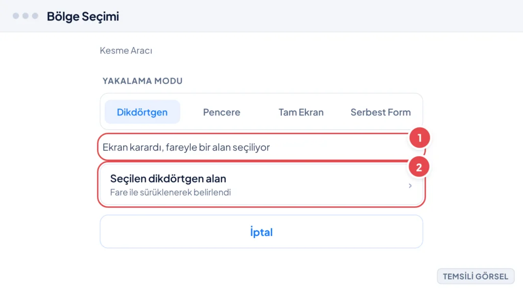 Temsili görsel: Windows 11 ekran görüntüsü alma aracında bölge seçimi ekranı; arka plan kararmış, fare imleciyle çizilen dikdörtgen bir seçim alanı görünüyor, üstte yakalama modu sekmeleri var; işaret