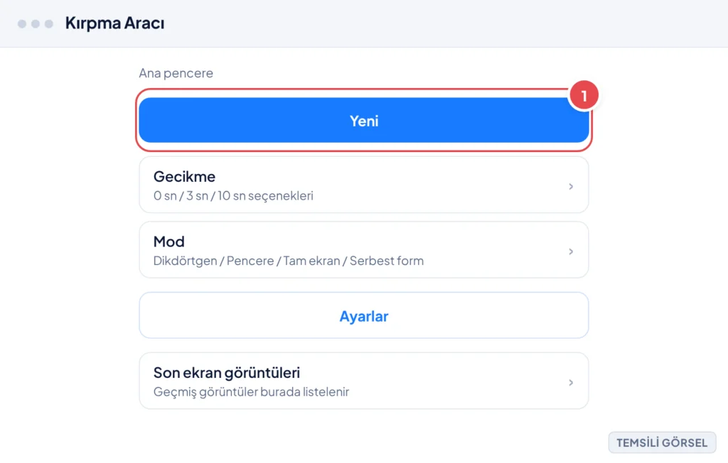 Temsili görsel: Kırpma Aracı'nın ana penceresi ekranı; işaretli: 1. Yeni düğmesi