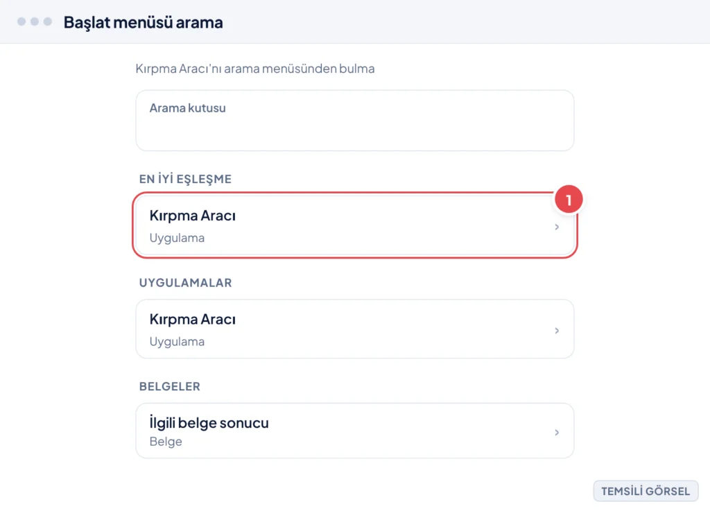 Temsili görsel: Windows 11 Başlat menüsü arama ekranı; arama kutusuna 'Kırpma Aracı' yazılmış, en iyi eşleşme sonuçlarında uygulama listeleniyor; işaretli: 1. En iyi eşleşme bölümünde görünen Kırpma A