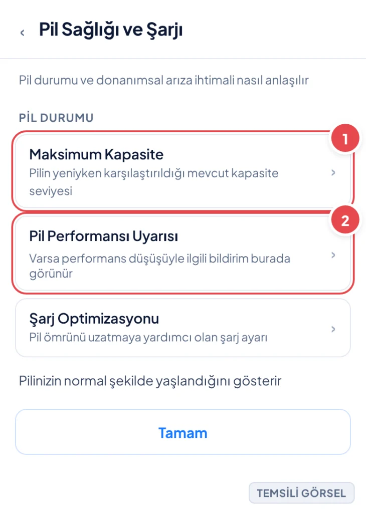 Temsili görsel: Ayarlar uygulamasında Pil Sağlığı ve Şarjı ekranı; üstte Maksimum Kapasite yüzdesi, altında varsa pil performansı uyarısı satırı, ardından Şarj Optimizasyonu seçeneği ve açıklayıcı met