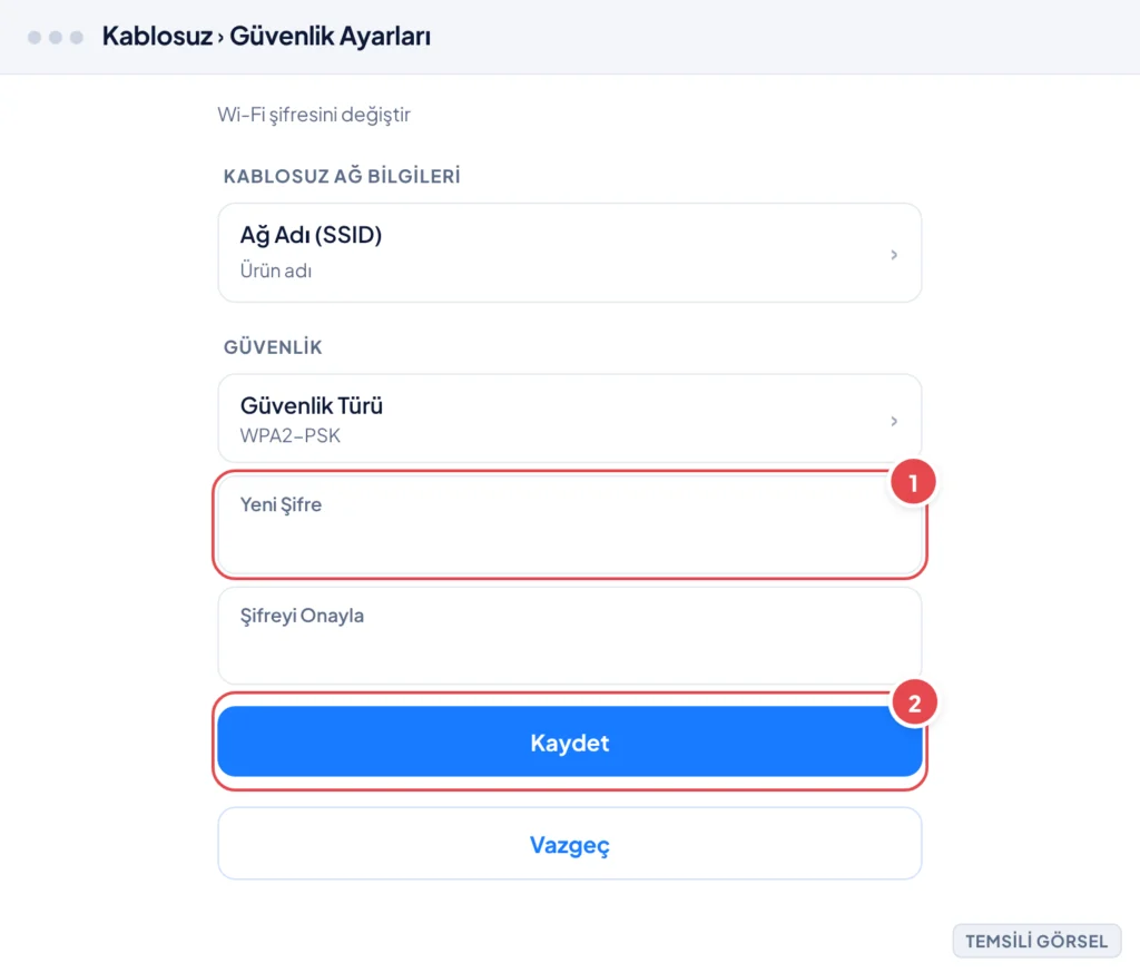 Temsili görsel: Modem arayüzünde Kablosuz › Güvenlik Ayarları ekranı; Yeni Şifre alanına imleç konumlanmış ve yazı yazılıyor; işaretli: 1. Yeni Şifre giriş kutusu, 2. Kaydet düğmesi