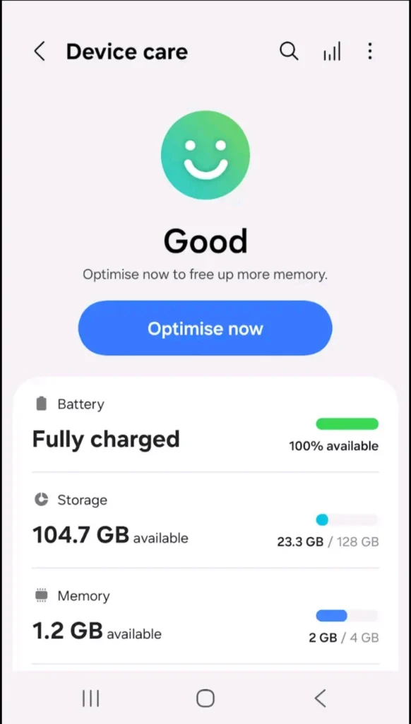 Samsung Device care (Cihaz bakımı) ana ekranı; üstte 'Good' durumu ve 'Optimise now' butonu, altında Battery (Fully charged, 0), Storage (104.7 GB available, 23.3 GB/128 GB) ve Memory (1.2 GB avail
