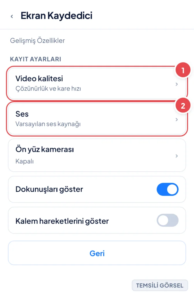 Temsili görsel: Samsung One UI Ekran Kaydedici ayar ekranı; işaretli: 1. Video kalitesi satırı, 2. Ses satırı