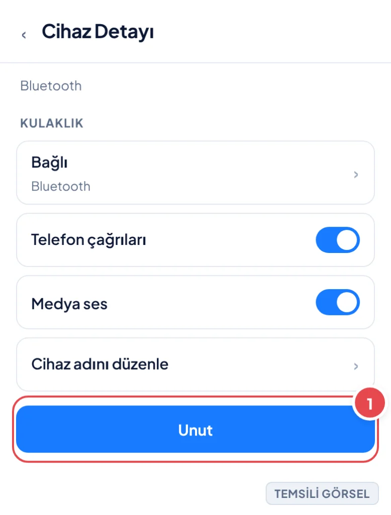 Temsili görsel: Cihaz detayı ekranı; işaretli: 1. Unut butonu