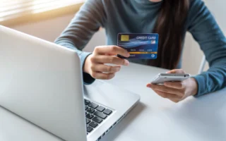 Telefonla online alışveriş yapan kişi, elinde kredi kartı